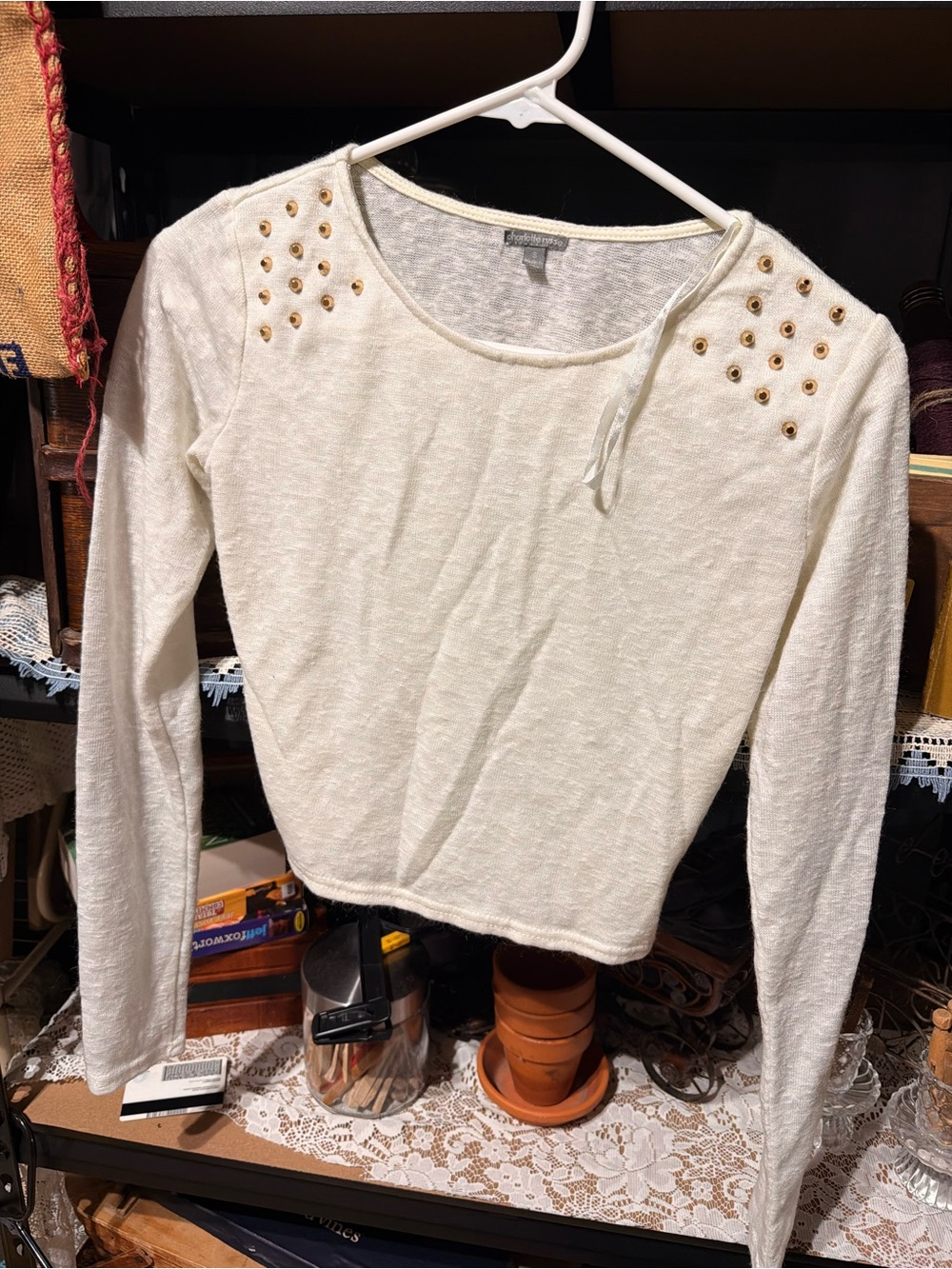 Charlotte Russe Cream Long-Sleeve Top with Gold Eyelet Shoulders